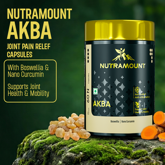 A black and gold bottle of Nutramount AKBA joint pain relief capsules, containing Boswellia and Nano Curcumin, sitting on a mossy rock next to Boswellia resin and fresh turmeric root slices. The label highlights benefits for joint health, mobility, and anti-inflammatory support.