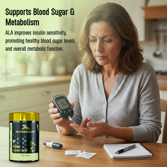 A woman in a kitchen checking her blood sugar level with a glucose monitor, alongside a bottle of Nutramount Alpha Lipoic Acid and text explaining how the supplement supports metabolism and insulin sensitivity.