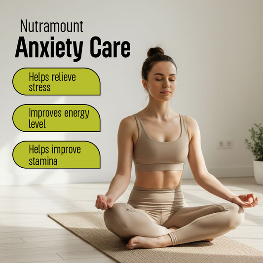 An promotional graphic for Nutramount "Anxiety Care" featuring a woman meditating cross-legged on a yoga mat, with text highlighting benefits like "Helps relieve stress," "Improves energy level," and "Helps improve stamina."