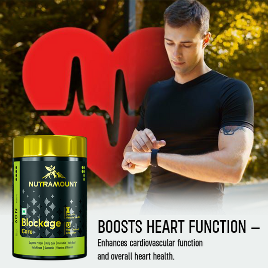 Infographic for Nutramount Blockage Care supplement highlighting healthy vascular functions with a heart and artery illustration, next to the product bottle and icons for key herbal ingredients.