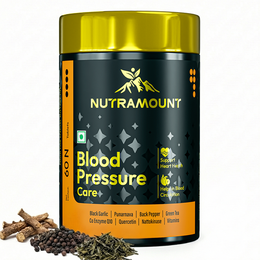 Nutramount Blood Pressure Care supplement bottle displayed with black pepper, green tea leaves, and herbal roots, featuring key ingredients like Black Garlic and Coenzyme Q10 to support heart health and blood circulation.