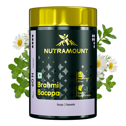 A black and gold supplement bottle of Nutramount Brahmi Bacopa capsules, featuring Bacopa and Chamomile, with text highlighting its benefits for relieving stress and supporting cognitive health.