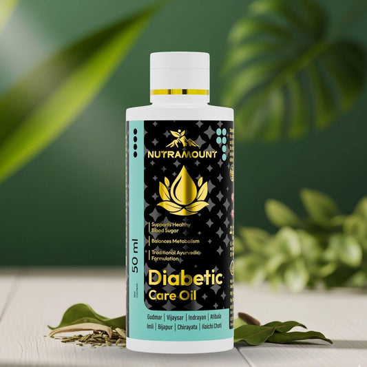 A 50ml bottle of Nutramount Diabetic Care Oil, a traditional Ayurvedic formulation for blood sugar and metabolism support, displayed against a soft green leafy background.