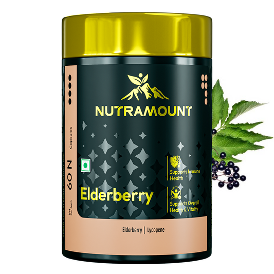 A black and gold supplement bottle of Nutramount Elderberry capsules with Lycopene, shown alongside fresh elderberries and leaves. The label states it supports immune health and overall vitality.