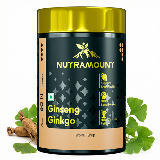 A Nutramount Ginseng Ginkgo supplement bottle with a gold lid, displayed next to fresh ginkgo leaves and ginseng roots. Text icons highlight benefits for brain health, memory, and fatigue.