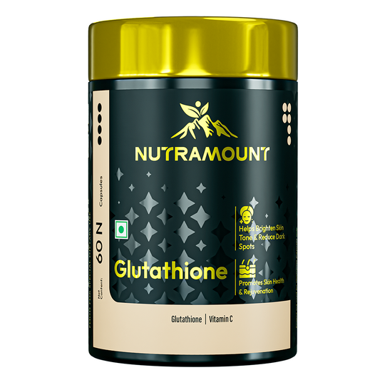Nutramount Glutathione supplement bottle displayed with key ingredients like Glutathione and Vitamin C, designed to help brighten skin tone and promote skin health and rejuvenation.