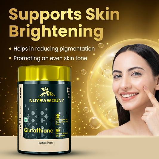 Infographic for Nutramount Glutathione featuring a woman with glowing skin, with text highlighting benefits like brightened skin tone, anti-aging support, and dark spot reduction.