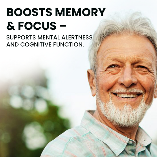 Infographic for a wellness supplement featuring a smiling senior man, with text highlighting the product's benefits for boosting memory, focus, mental alertness, and cognitive function.