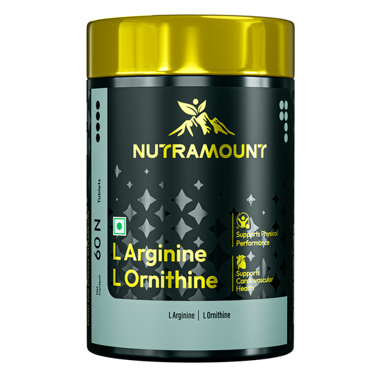 A black and teal bottle of Nutramount L Arginine L Ornithine tablets on a white background. The label features icons indicating support for physical performance and cardiovascular health.