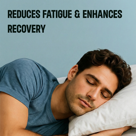 A man sleeping peacefully on a white pillow, with a text overlay that reads "REDUCES FATIGUE & ENHANCES RECOVERY."