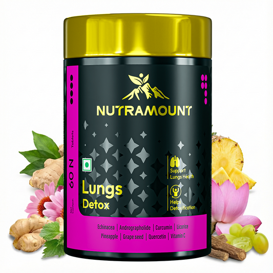 Nutramount Lungs Detox supplement bottle displayed with key natural ingredients like Echinacea, Ginger, and Pineapple, designed to support lungs health and detoxification.