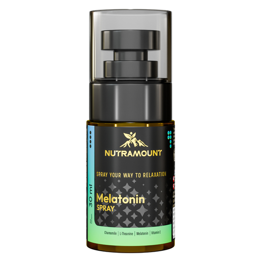 A product bottle of Nutramount Melatonin Spray (30 ml). The label includes the tagline "Spray your way to relaxation" and lists key ingredients: Chamomile, L-Theanine, Melatonin, and Vitamin E.