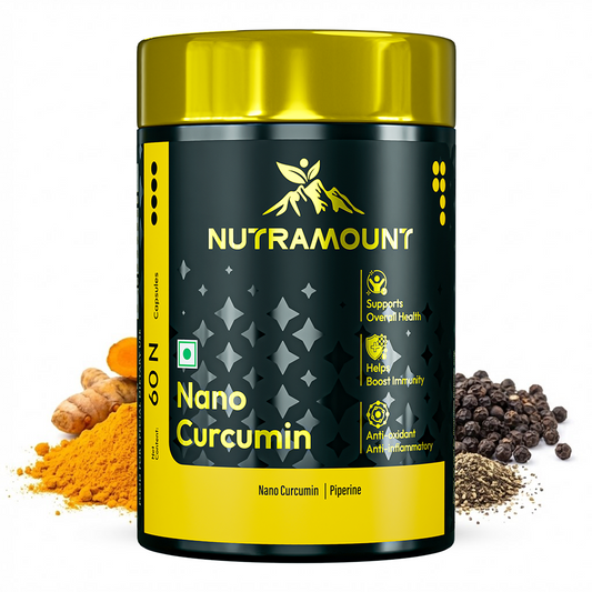Nutramount Nano Curcumin supplement bottle with a gold lid, containing Piperine. The image includes turmeric root, turmeric powder, and black peppercorns, with icons highlighting immunity and anti-inflammatory support.