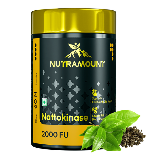 Product bottle of Nutramount Nattokinase 2000 FU featuring icons for cardiovascular support and blood clot risk reduction.