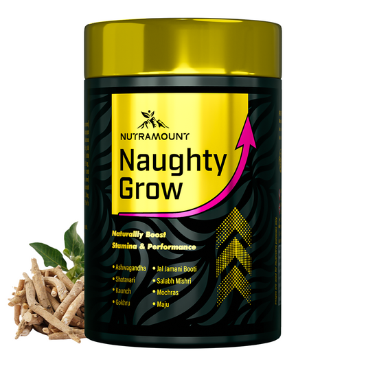 A container of **"Nutramount Naughty Grow"** supplement with a gold lid and black label. It highlights natural stamina and performance, listing ingredients like Ashwagandha and Shatavari next to raw herbal roots.