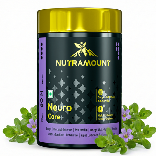 Nutramount Neuro Care supplement bottle displayed with purple Brahmi flowers, featuring key ingredients like Bacopa and Phosphatidylserine to support memory, cognition, and brain functions.