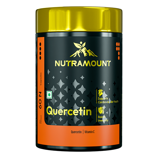 Nutramount Quercetin supplement bottle with Vitamin C for immunity and cardiovascular health.