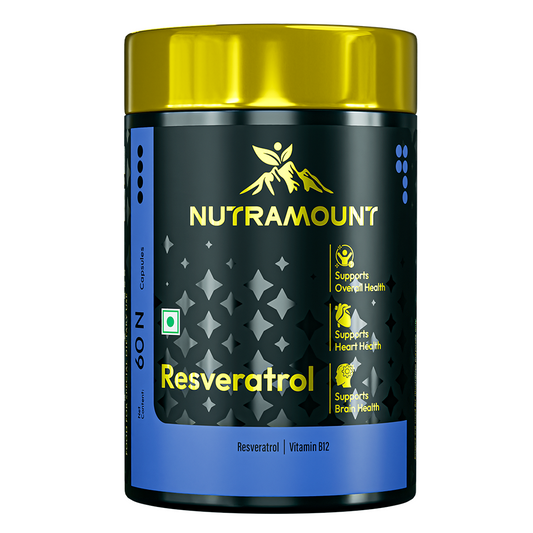 Nutramount Resveratrol and Vitamin B12 supplement bottle with a gold cap and blue accents on a white background.