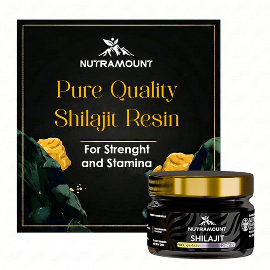 Marketing graphic for **Nutramount Shilajit Resin** featuring the product jar against a gold and black backdrop. It highlights "Pure Quality" for **strength and stamina**.