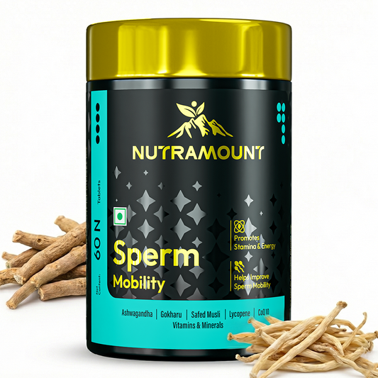 Nutramount Sperm Mobility supplement bottle shown with key ingredients like Ashwagandha and Safed Musli to highlight stamina, energy, and sperm mobility support.