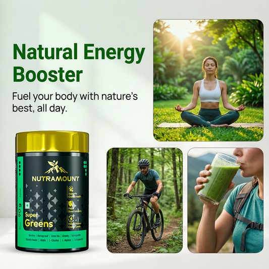 Marketing graphic for **Nutramount Super Greens** labeled as a "Natural Energy Booster." It features images of a woman meditating, a man mountain biking, and a person drinking a green smoothie to illustrate an active, healthy lifestyle.