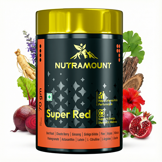 Nutramount Super Red supplement bottle displayed against a background of natural ingredients like beetroot, pomegranate, ginseng, and hibiscus.
