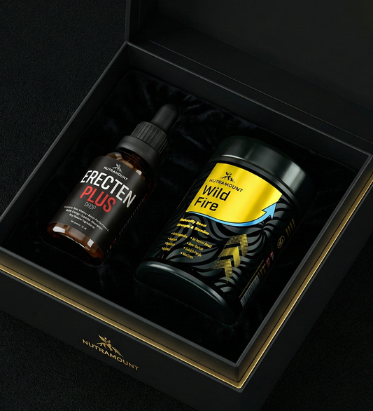 Nutramount Wild Fire supplement jar and Erecten Plus dropper bottle presented in a premium black and gold gift box with velvet lining.