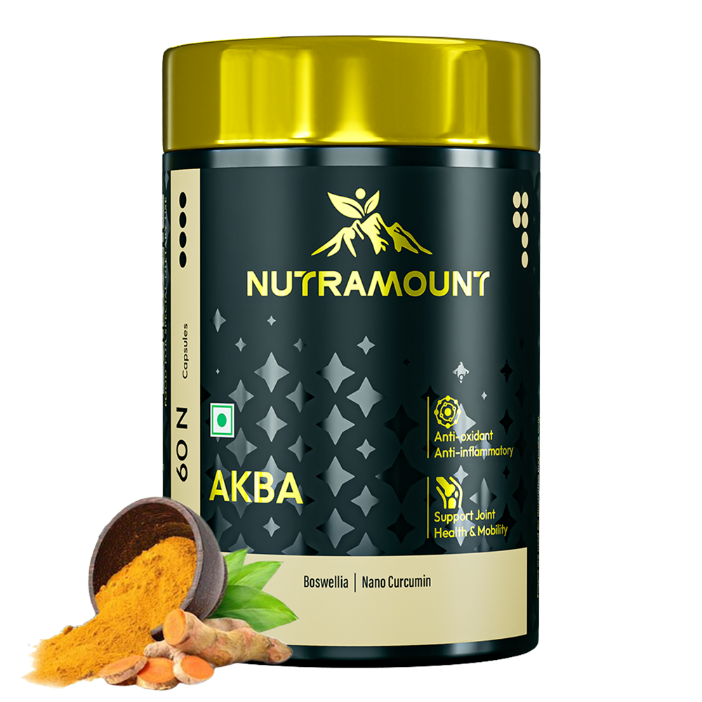 A black and gold bottle of Nutramount AKBA with Boswellia and Nano Curcumin, shown next to a small wooden bowl of turmeric powder and fresh turmeric root slices. The label features icons for anti-oxidant, anti-inflammatory, and joint health and mobility support.