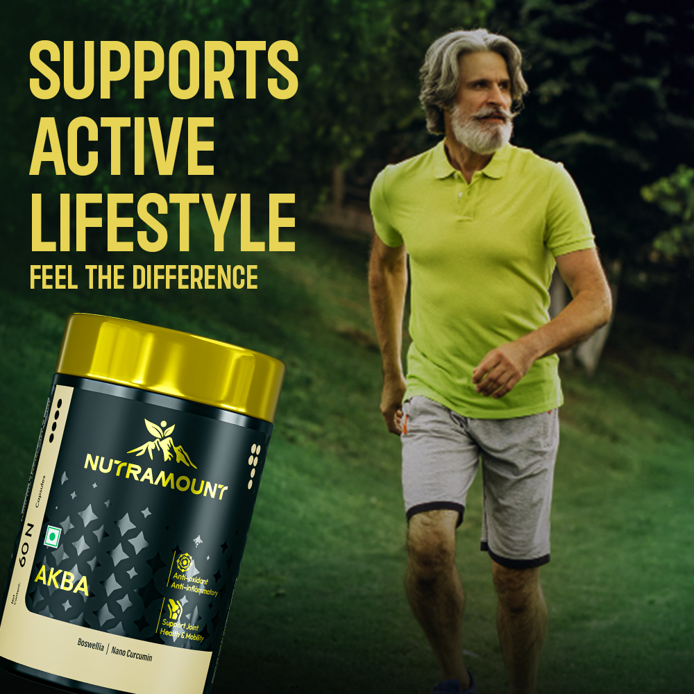 An older man with a gray beard is seen jogging outdoors, alongside a bottle of Nutramount AKBA. Bold text reads, "SUPPORTS ACTIVE LIFESTYLE - FEEL THE DIFFERENCE," emphasizing the product's role in joint health and mobility.