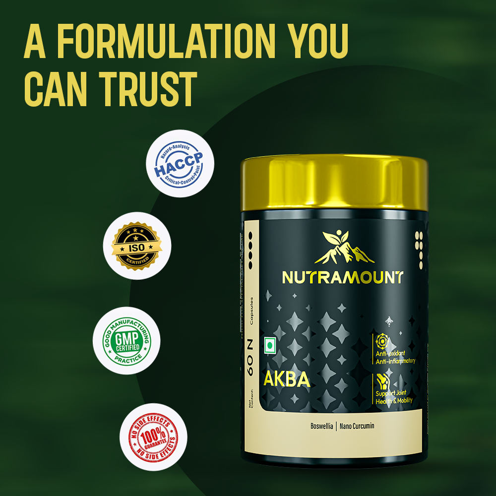 A bottle of Nutramount AKBA capsules is shown alongside quality certification seals for HACCP, ISO, and GMP, plus a "100% No Side Effects" guarantee. Text at the top reads, "A FORMULATION YOU CAN TRUST."