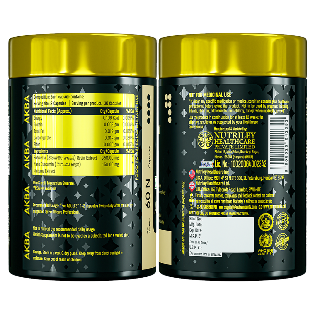 Nutramount AKBA joint relief bottle label showing nutritional facts, ingredients (Boswellia and Nano Curcumin), manufacturing details, and quality certification seals.