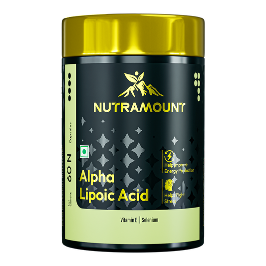 A black and gold supplement bottle of Nutramount Alpha Lipoic Acid capsules with Vitamin E and Selenium, featuring text highlighting benefits for energy production and stress support.