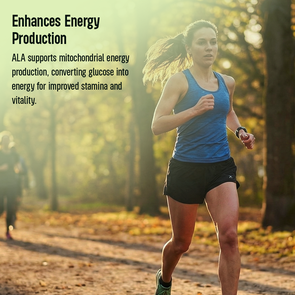 A woman jogging through a sunlit park, overlaid with text explaining how Alpha Lipoic Acid (ALA) supports mitochondrial energy production for improved stamina and vitality.