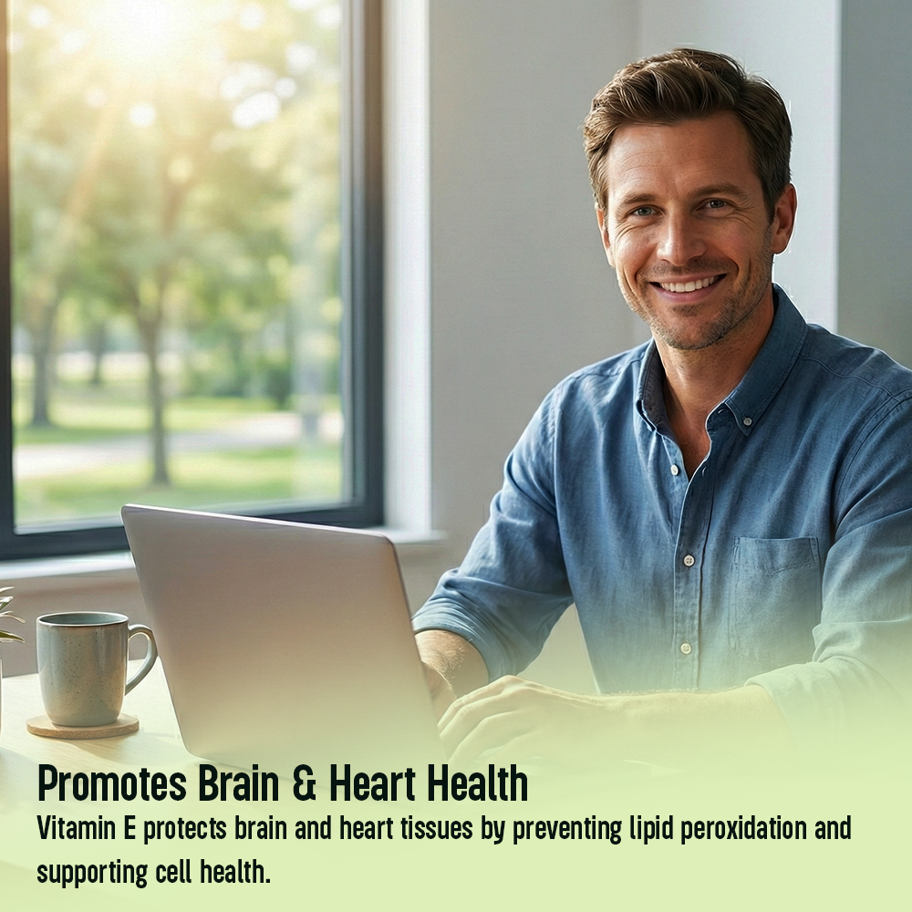 A smiling man working on a laptop in a bright office setting, with text describing how Vitamin E promotes brain and heart health by protecting tissues and supporting cell health.