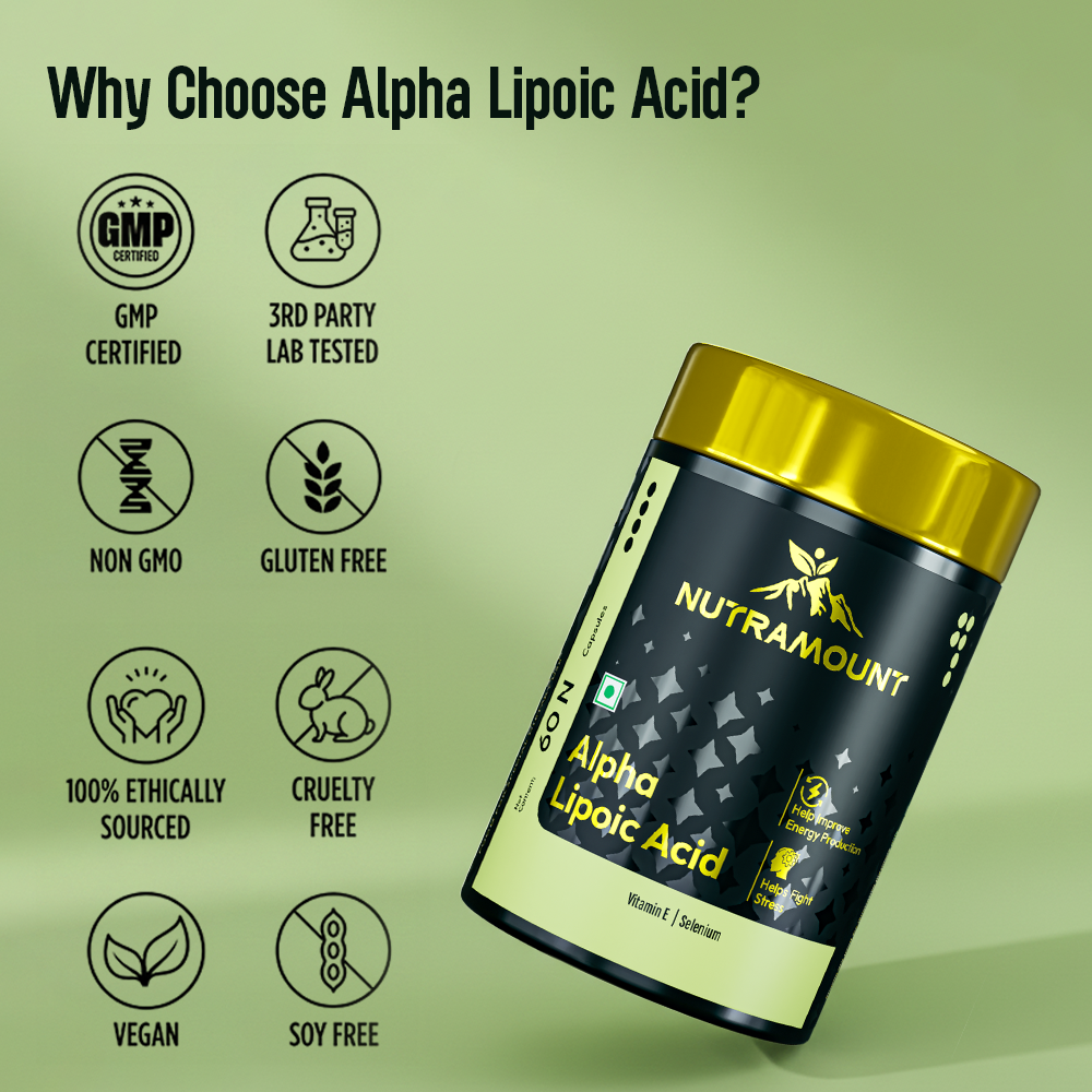 A Nutramount Alpha Lipoic Acid supplement bottle shown with several quality icons, including GMP Certified, 3rd Party Lab Tested, Non-GMO, Gluten Free, Cruelty Free, and Vegan.