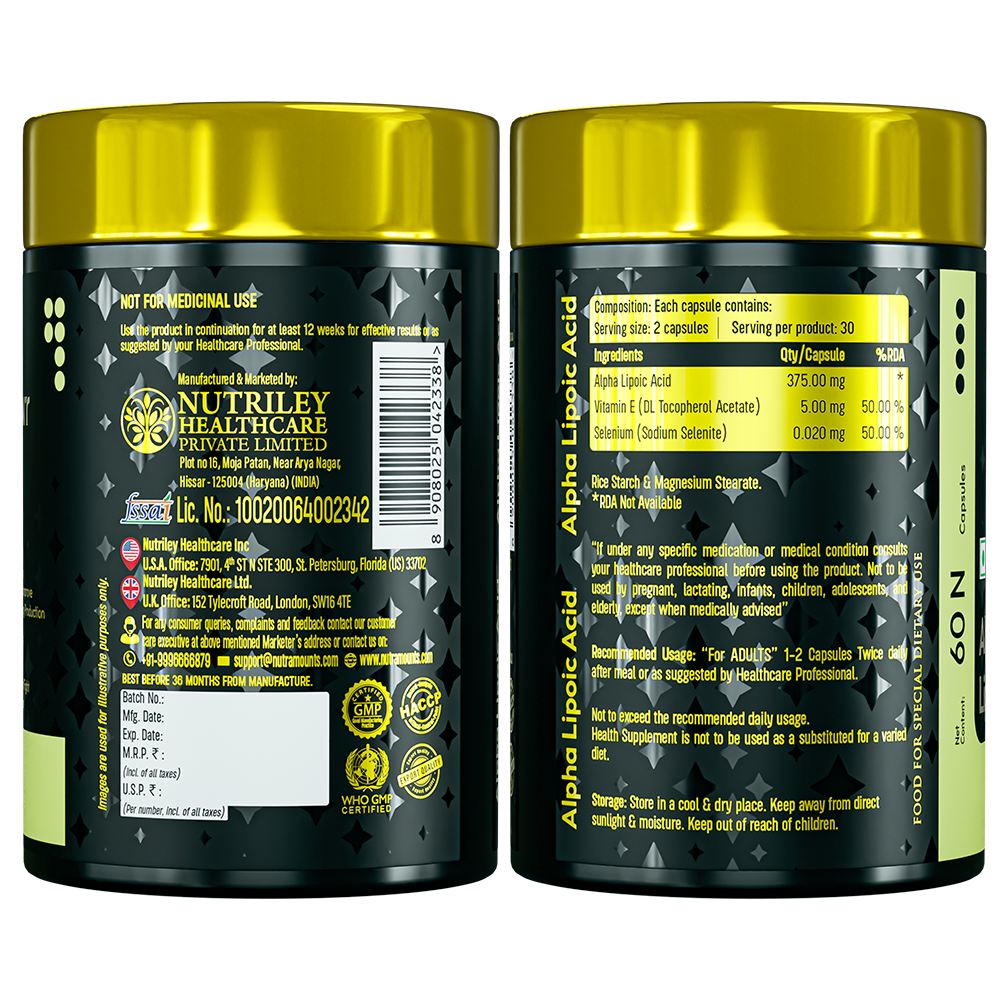The back label of a Nutramount Alpha Lipoic Acid supplement bottle, displaying the nutritional composition, manufacturer details for Nutriley Healthcare, recommended usage, and safety warnings.