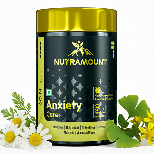 
A professional product shot of a Nutramount "Anxiety Care" supplement bottle with a gold lid, featuring key ingredients like Chamomile and Ginkgo Biloba, flanked by white chamomile flowers and green leaves on a clean white background.