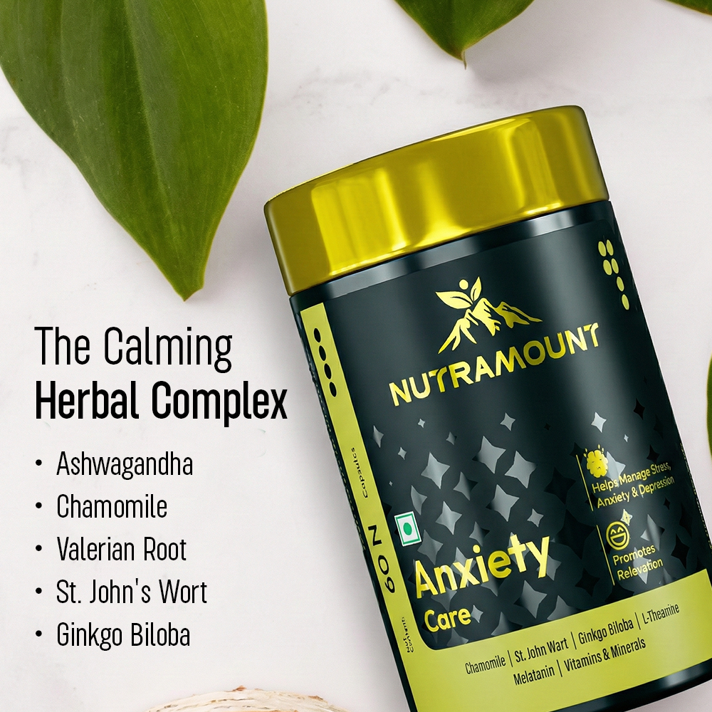 A promotional graphic showcasing a tilted Nutramount "Anxiety Care" supplement bottle alongside a bulleted list titled "The Calming Herbal Complex" featuring ingredients like Ashwagandha, Chamomile, and Valerian Root.