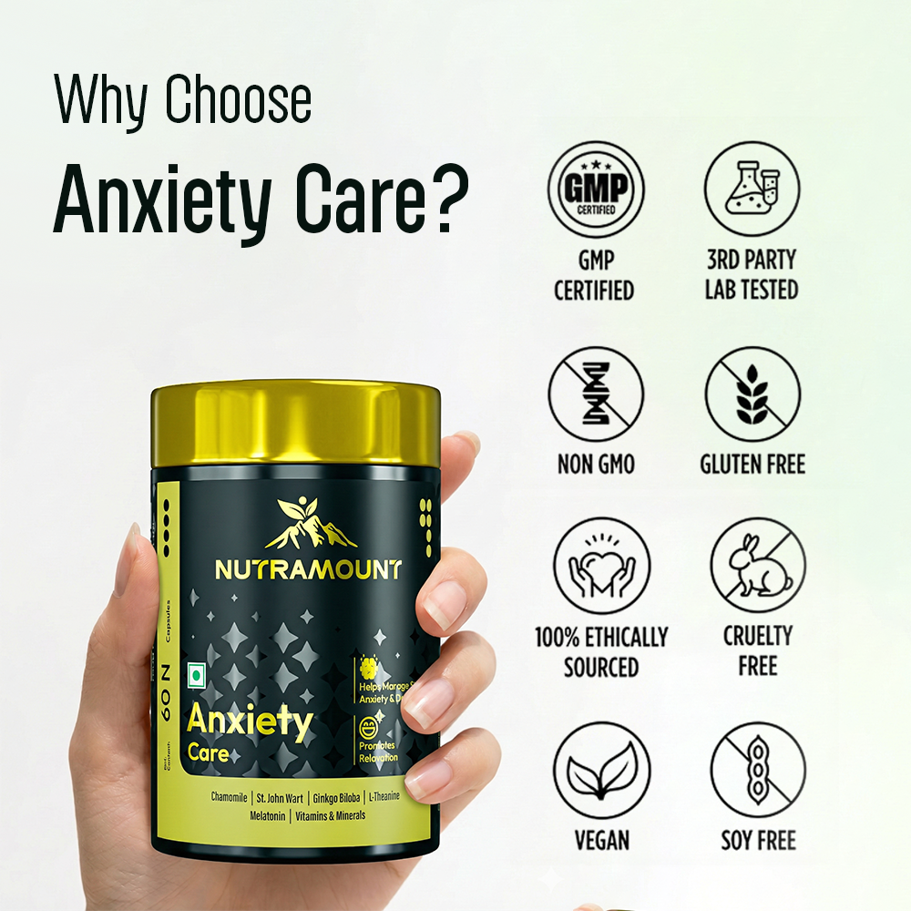 An infographic titled "Why Choose Anxiety Care?" showing a hand holding a Nutramount supplement bottle next to quality icons like GMP Certified, Non GMO, and Vegan.