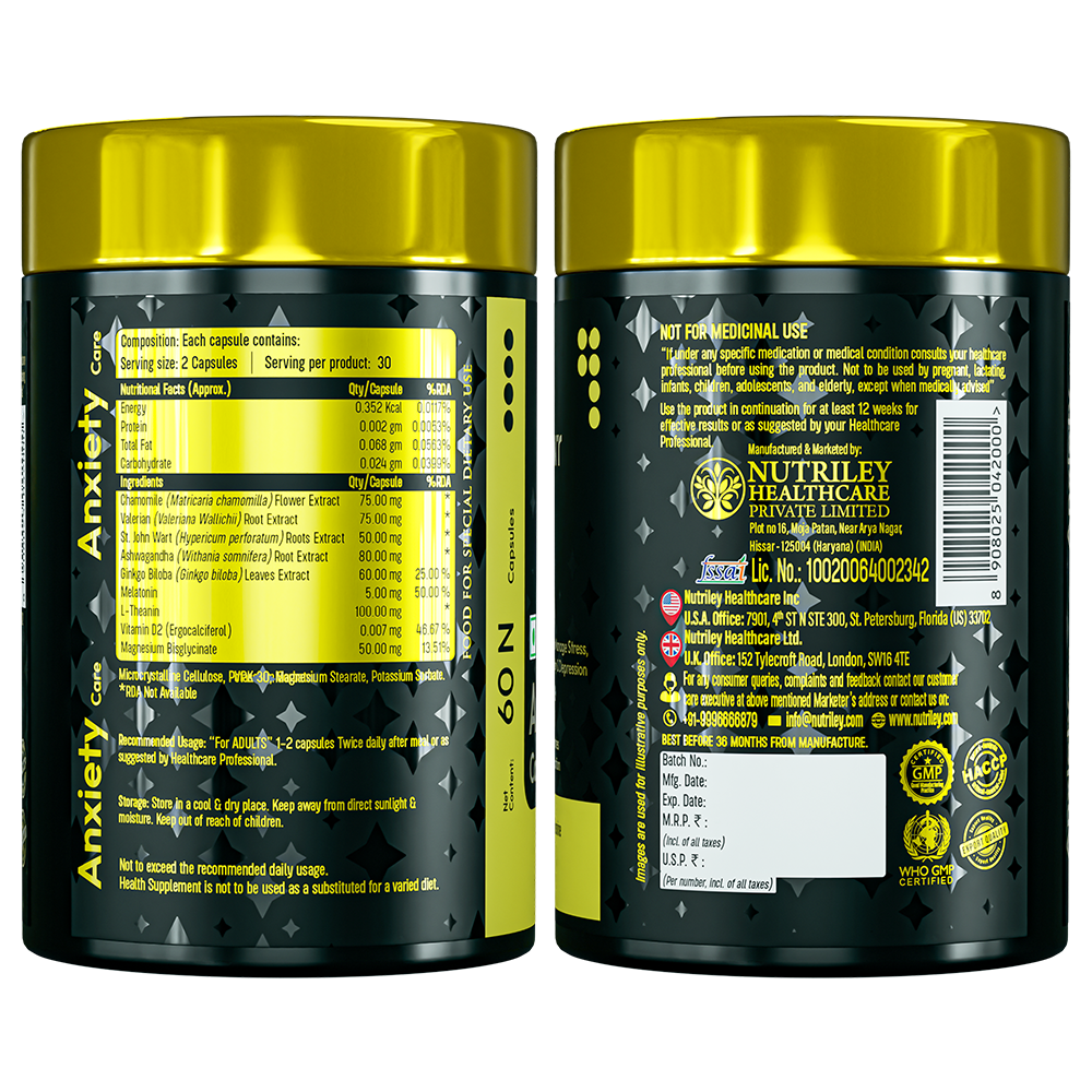 A detailed product shot showcasing the back labels of two Nutramount "Anxiety Care" supplement bottles, displaying the nutritional facts, ingredient list, and manufacturing details.