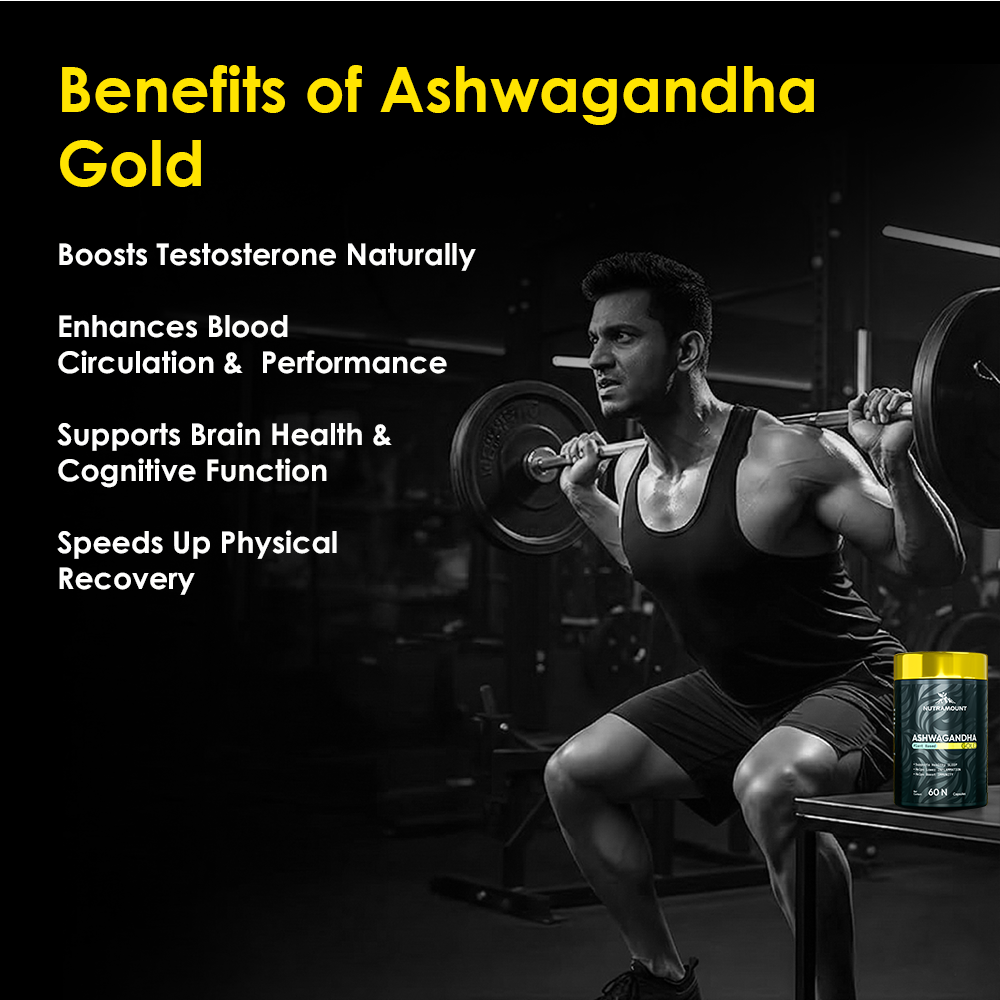 A black-and-white image of a muscular man lifting weights in a gym, accompanied by a color bottle of Nutramount Ashwagandha Gold. Text lists benefits including natural testosterone boost, enhanced circulation, and brain health support.