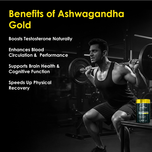 A black-and-white image of a muscular man lifting weights in a gym, accompanied by a color bottle of Nutramount Ashwagandha Gold. Text lists benefits including natural testosterone boost, enhanced circulation, and brain health support.