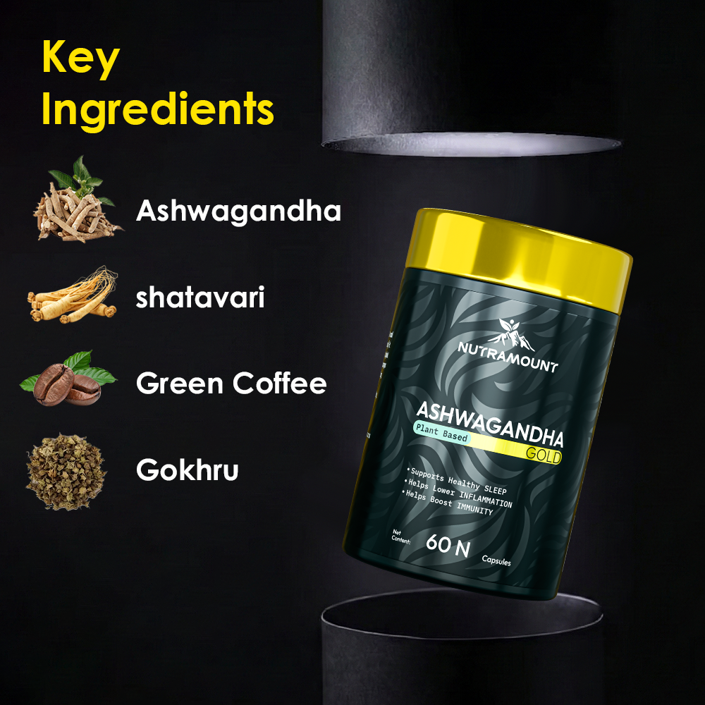 A floating bottle of Nutramount Ashwagandha Gold plant-based capsules shown with icons and labels for its key ingredients: Ashwagandha, Shatavari, Green Coffee, and Gokhru. Yellow text at the top reads, "Key Ingredients."