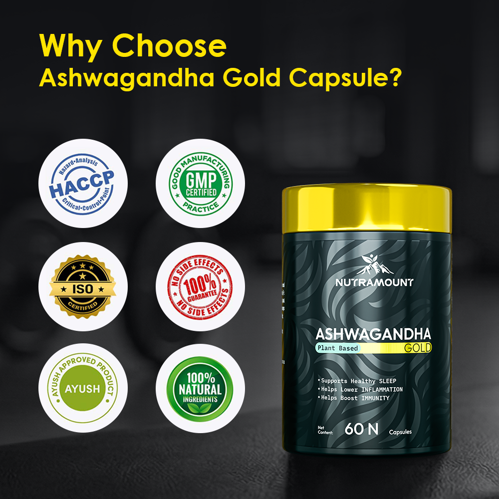 A bottle of Nutramount Ashwagandha Gold capsules displayed with certification badges for HACCP, GMP, ISO, and AYUSH. Yellow text asks, "Why Choose Ashwagandha Gold Capsule?" alongside icons for natural ingredients and a "no side effects" guarantee.