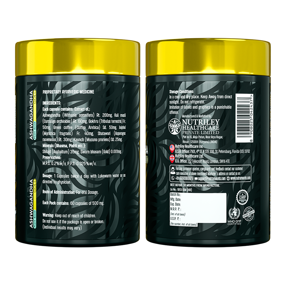 Two side-by-side views of a Nutramount Ashwagandha Gold bottle showing the ingredient list, dosage instructions, and manufacturing information. The labels highlight Ayurvedic extracts and global quality certifications.
