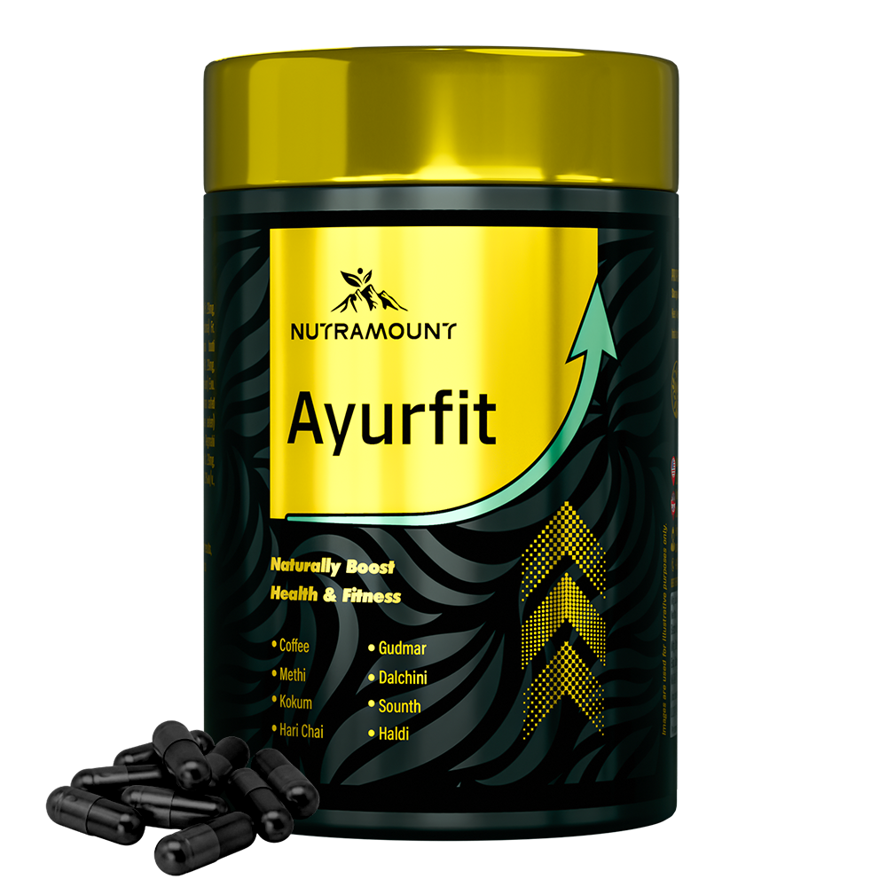 A container of **"Nutramount Ayurfit"** with a gold lid and black label, formulated for health and fitness. It features ingredients like Coffee and Haldi, with black capsules scattered at the base.