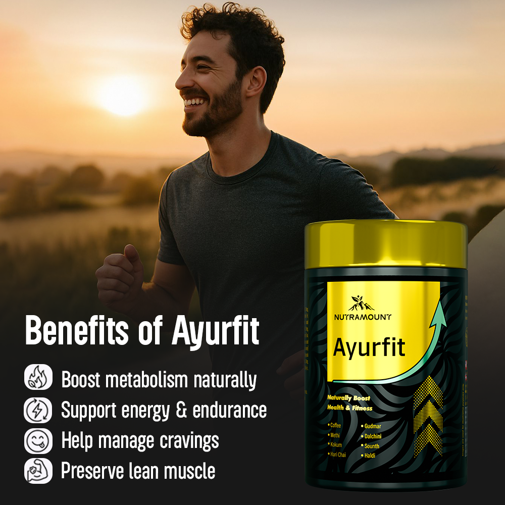 Marketing graphic for **Ayurfit** featuring a man jogging at sunset. Benefits listed include **boosted metabolism**, energy support, craving management, and muscle preservation.