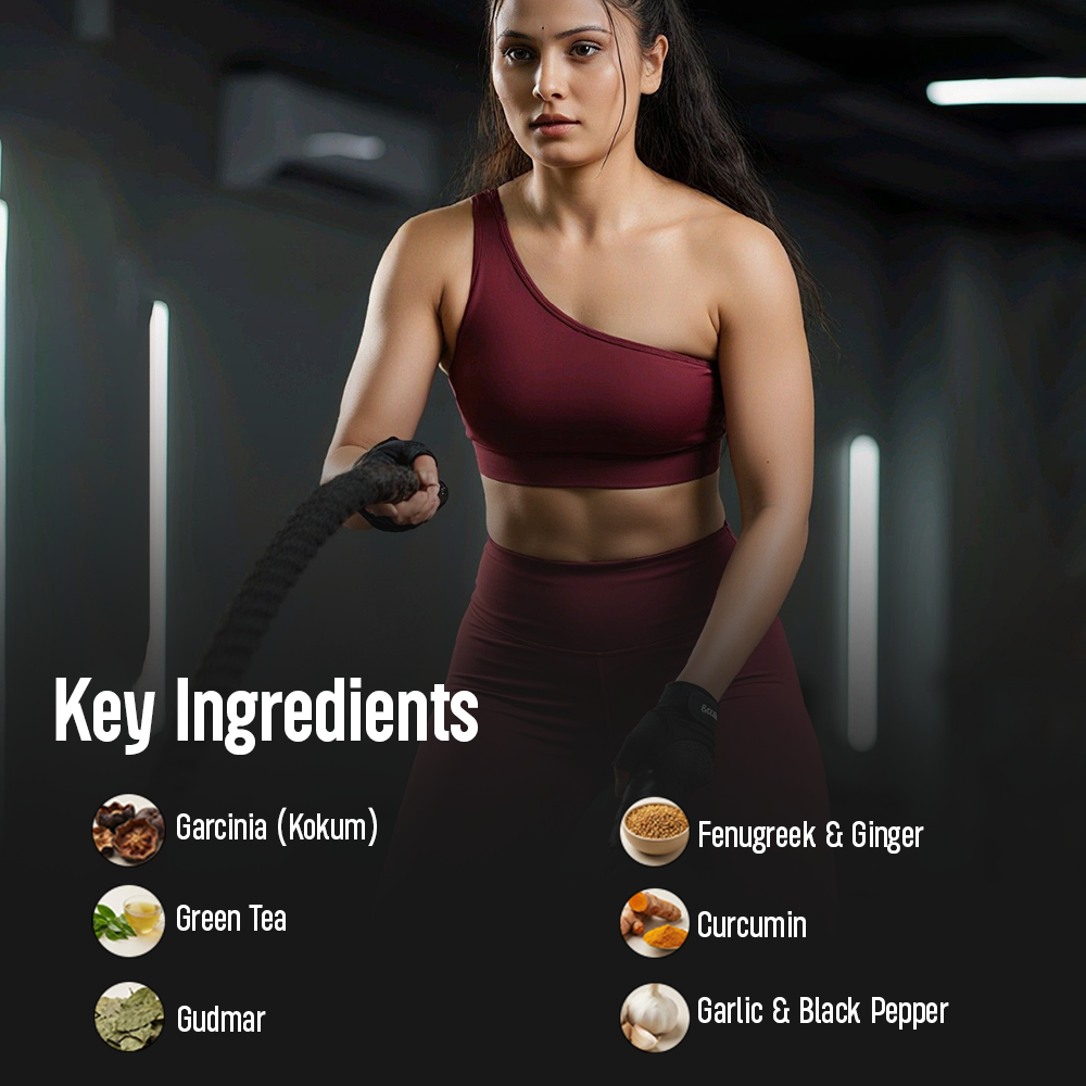 Marketing graphic showing a woman exercising with battle ropes. Icons and text list **key ingredients** including Garcinia, Green Tea, Gudmar, Fenugreek, Curcumin, and Garlic.