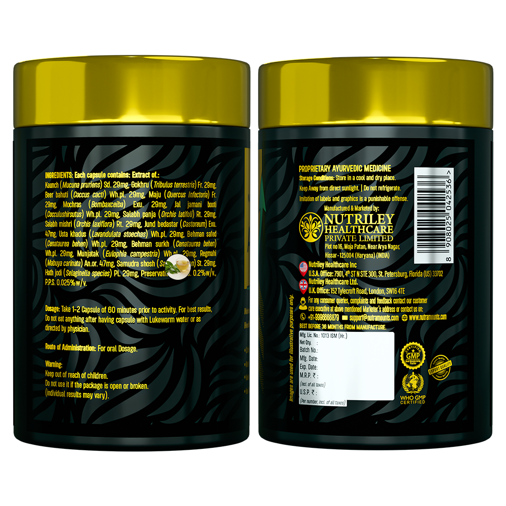 Two views of a **Nutriley Healthcare** supplement label. One side lists ingredients like **Kaunch** and **Gokhru** with dosage instructions, while the reverse side shows manufacturing details, a barcode, and **WHO GMP** certification logos.