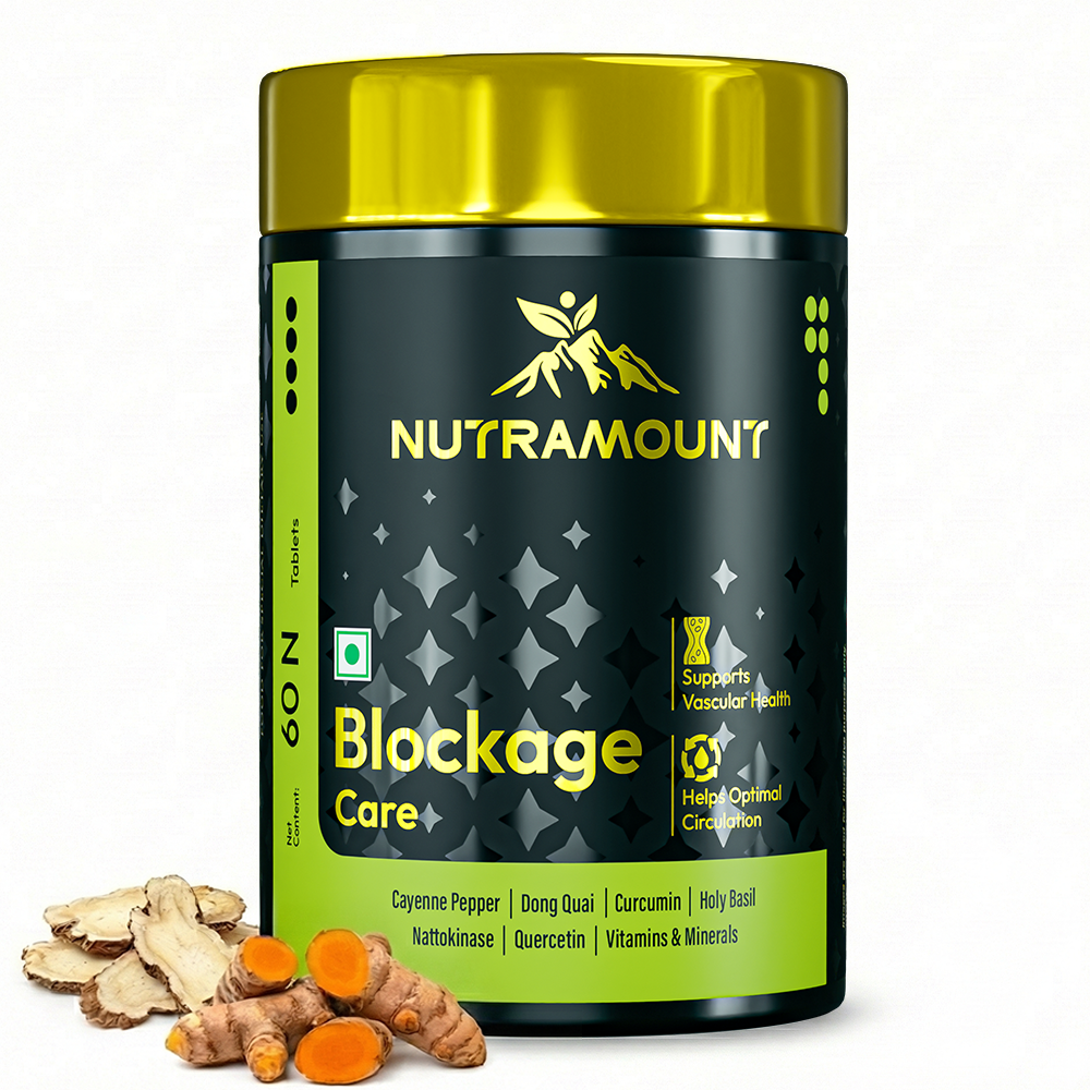 Nutramount Blockage Care supplement bottle displayed with turmeric and herbal roots, featuring key ingredients like Cayenne Pepper and Curcumin to support vascular health and optimal circulation.